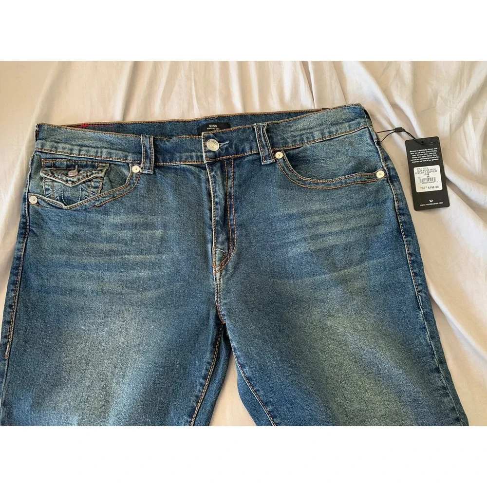 NWT TRUE RELIGION Sz 38 X 32 Geno BIG T SLIM W/FLAP STRETCH DENIM JEANS